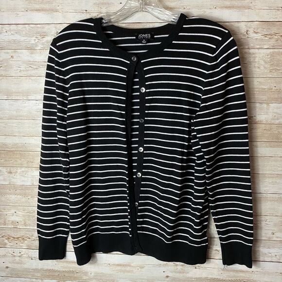 Jones New York Women’s Black and White Striped Button Front Cardigan - Picture 1 of 5